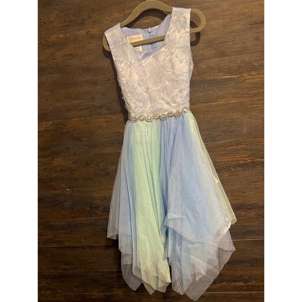Bonnie Jean Girls Blue Green Sequin Tulle Handkerchief Hem Party Dress Size 6